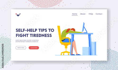 Self Help Tips to Fight Tiredness Landing Page Template. Exhausted Office Worker Professional Burnout, Overwork Symptoms