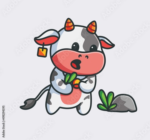 cute cow eating grass. isolated cartoon animal nature illustration. Flat Style suitable for Sticker Icon Design Premium Logo vector. Mascot Character