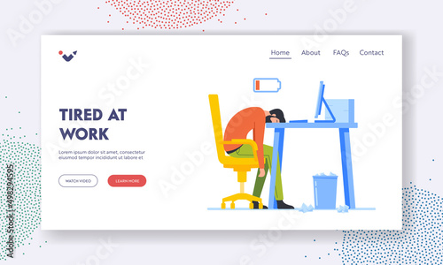 Tired at Work Landing Page Template. Overload Businessman Sleep on Office Desk. Professional Burnout, Overwork Tiredness