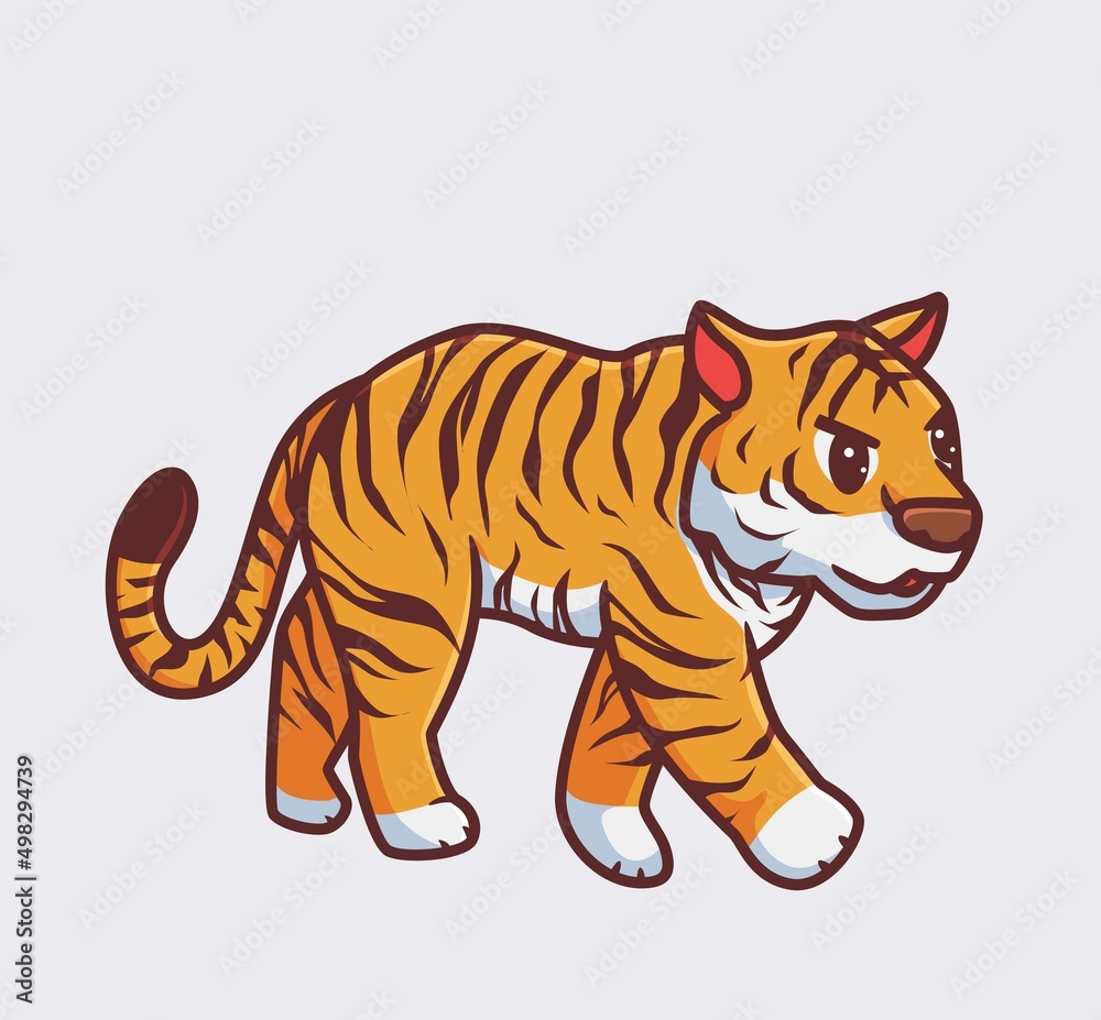 cute tiger walking for hunting. isolated cartoon animal nature illustration. Flat Style suitable for Sticker Icon Design Premium Logo vector. Mascot Character