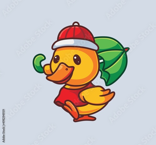 cute yellow duck bring umbrella rain. isolated cartoon animal nature illustration. Flat Style suitable for Sticker Icon Design Premium Logo vector. Mascot Character