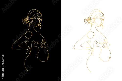 Pregnant mom gold line art, Pregnancy one line drawing, printable wall art, Nude woman body print, Belly female figure, Minimalist print, Gold outline vector set illustration on white background