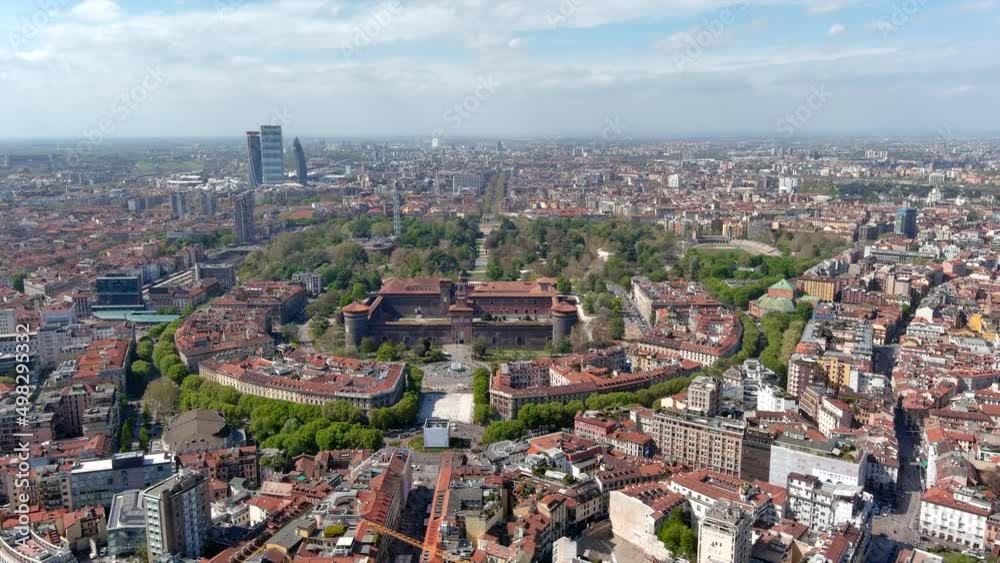 Aerial view of The Castello Sforzesco medieval fortification located in Milan, northern Italy. Flying around Sforzesco Castle citadel in Sempione Park ft. Milano urban skyline in Europe in 4K Aerial view of The Castello Sforzesco medieval fortification located in Milan, northern Italy. Flying around Sforzesco Castle citadel in Sempione Park ft. Milano urban skyline in Europe in 4K