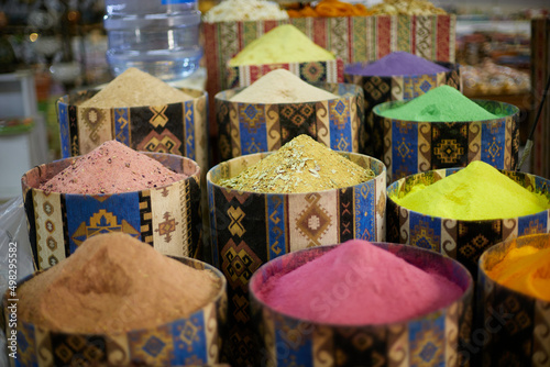 Photography Colorful counter with tea and spices at Turkey market