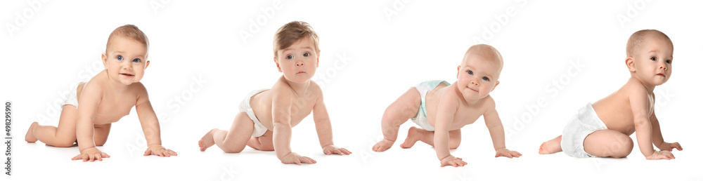 Collage with photos cute little babies crawling on white background. Banner design Collage with photos cute little babies crawling on white background. Banner design