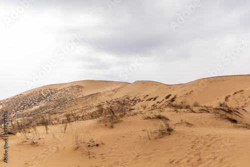 Sarykum dune. Dagestan  Russia. A unique sandy mountain in the Caucasus on a cloudy day. Grass grows on a sand dune.