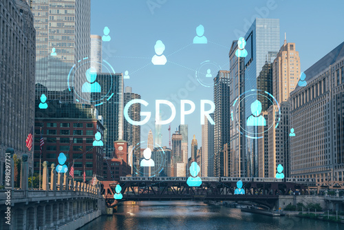 Panorama cityscape of Chicago downtown and Riverwalk, boardwalk with bridges at sunset, Illinois, USA. GDPR hologram, concept of data protection regulation and privacy for individuals