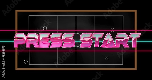 Animation of press start text over drawing of game plan on black background photo
