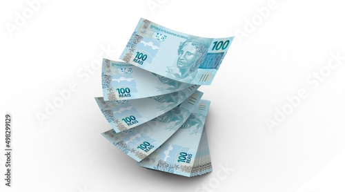 3d Money notes of 100 reais, and 100 reais from brazil in white background. Money from brazil. earn money. Real, Currency, Dinheiro, Reais, Brasil. Money banknotes 3d illustration. photo