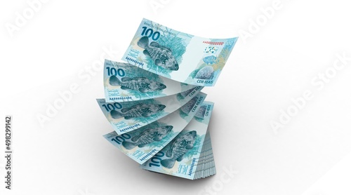 3d Money notes of 100 reais, and 100 reais from brazil in white background. Money from brazil. earn money. Real, Currency, Dinheiro, Reais, Brasil. Money banknotes 3d illustration. photo