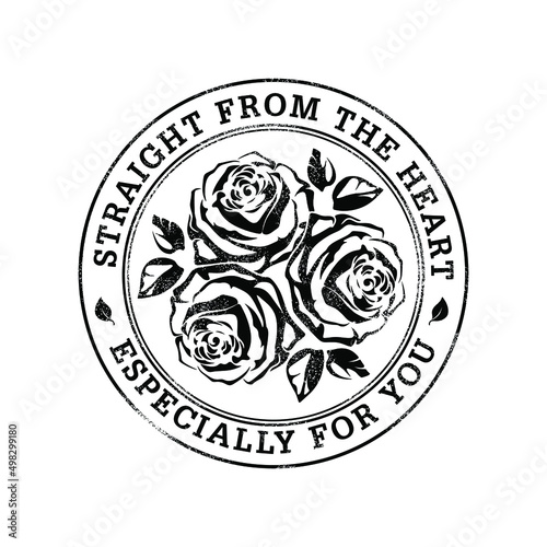 Vintage stamp with roses straight from the heart. Vector tag, floral label, best wishes photo