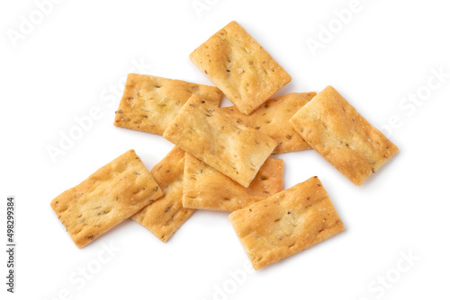Heap of fresh traditional Italian Scrocchi, rosemary and sea salt crackers isolated on white background