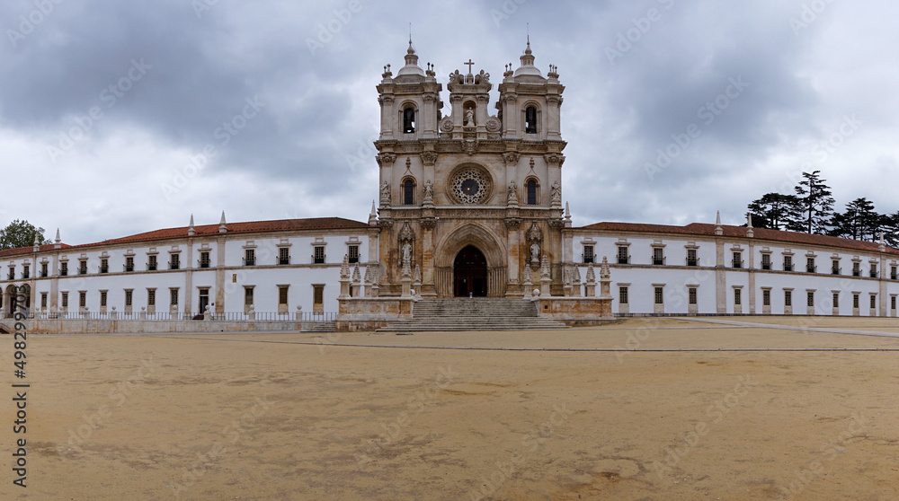 view of the front facade and church of the Alcobaca monastery
