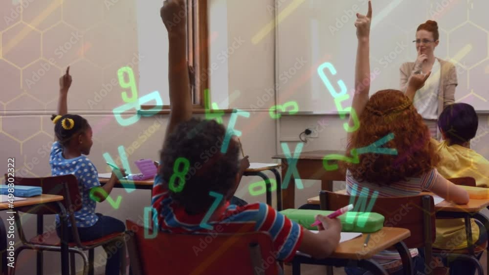 Animation of letters moving over happy school children and female teacher in class Animation of letters moving over happy school children and female teacher in class