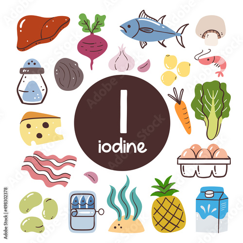 Food products rich in Iodine. Cooking ingredients. Fruits, vegetables, legumes, dairy, meat, seafood.