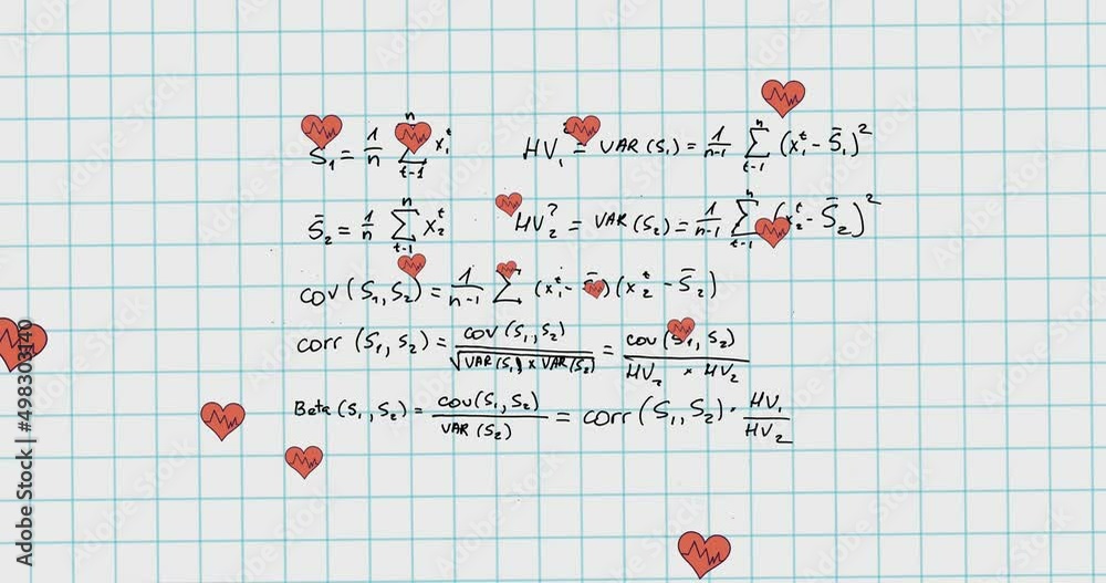Animation of hearts falling over mathematical equations in school notebook Animation of hearts falling over mathematical equations in school notebook