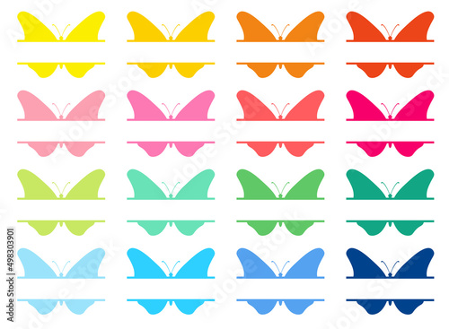 Butterfly split monogram frame colorful set. Clipart image isolated on white background