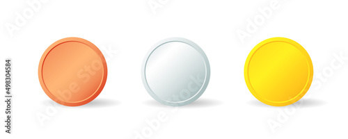 Copper Silver Gold blank coin icon set. Clipart image isolated on white background