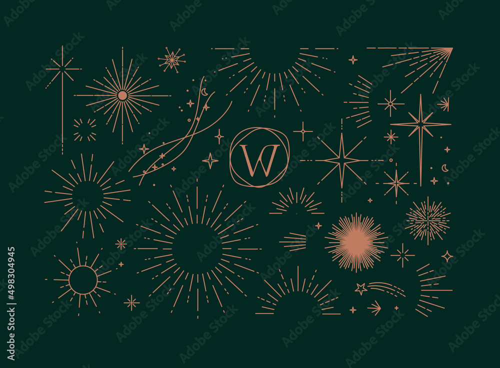 Set of flat design elements sun, sunset, sunbeams, stars borders, frame in modern line drawing with pink color lines on green background
