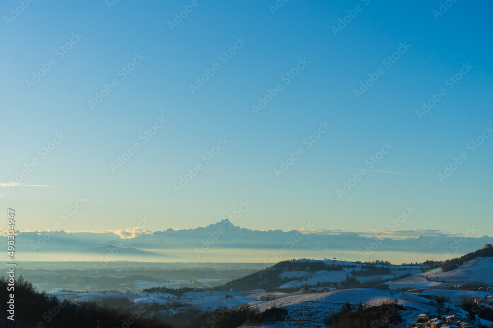 Langhe hills and Monviso duringe the winter , Piedmont - Italy