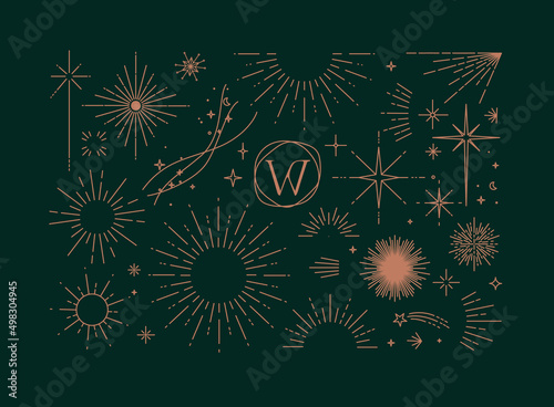 Obraz na płótnie Set of flat design elements sun, sunset, sunbeams, stars borders, frame in modern line drawing with pink color lines on green background w salonie