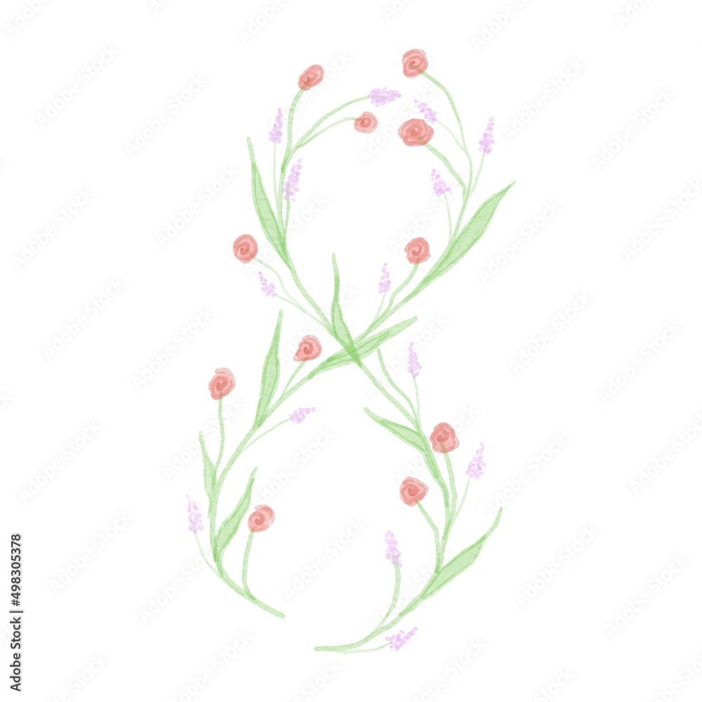 Cartoon pastel green number eight with flowers on white background