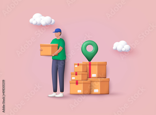 Delivery man and boxes.  Courier or delivery service. Men characters with parcels packages boxes. 3D Vector Illustrations.