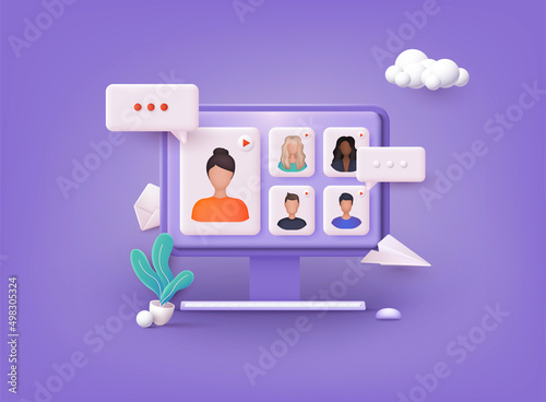 People on computer screen taking with colleague. Videoconferencing and online meeting workspace. 3D Web Vector Illustrations.