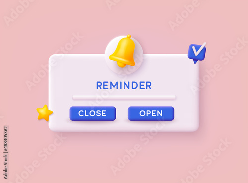 Reminder Illustration, page with floating elements. Notifications. Web banner. Concept web design, website page development. 3D Web Vector Illustrations. photo