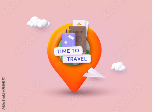 Time to travel banner. Trip banner with passport, tickets, travel bag. 3D Web Vector Illustrations.