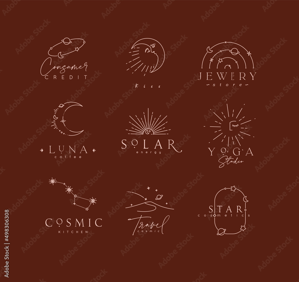 Flat elegance astrology labels with lettering in modern line style drawing with brown lines on red background