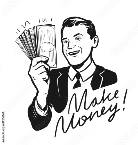 Businessman with cash in retro comic pop art style. Financial success or making money concept