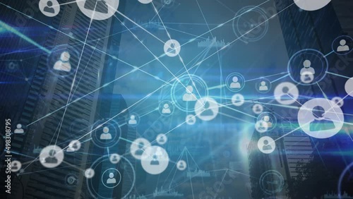 Wallpaper Mural Network of profile icons and light trails against tall buildings in background Torontodigital.ca