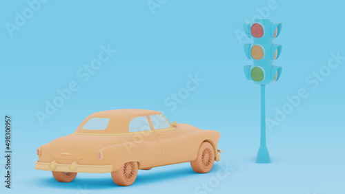Yellow car car stopped, maybe a taxi at a red traffic light isolated on a blue background. minimal design in cartoon. 3D rendering