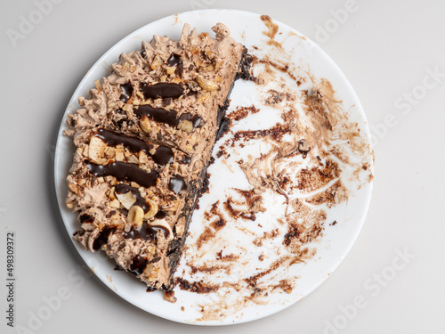 Half a piece of cake on a dirty plate. Saving concept