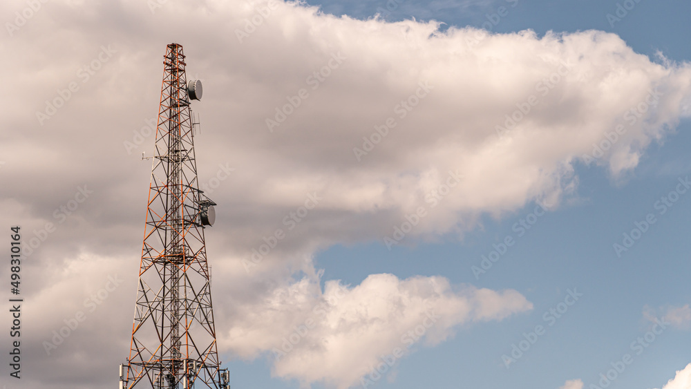 Communication tower, mobile radio signal, cell site, cell tower, cellular telephone site antenna. Electronic communications equipment, for wireless transceivers. Communication tower, mobile radio signal, cell site, cell tower, cellular telephone site antenna. Electronic communications equipment, for wireless transceivers.
