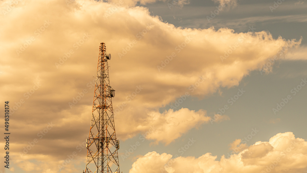 Communication tower, mobile radio signal, cell site, cell tower, cellular telephone site antenna. Electronic communications equipment, for wireless transceivers. Communication tower, mobile radio signal, cell site, cell tower, cellular telephone site antenna. Electronic communications equipment, for wireless transceivers.