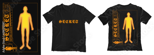 Modern poster with text Chaos, Man with thermal imager effect.  In Techno style, print for streetwear, for t-shirts, hoodies, and sweatshirts. Isolated on black background