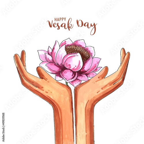 Buddha Purnima or Vesak card with hand holding lotus flower background