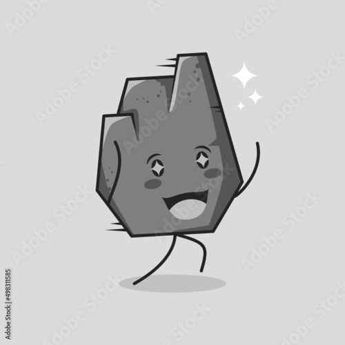 cute stone cartoon with happy expression. run, two hands up and sparkling eyes. suitable for logos, icons, symbols or mascots. grey