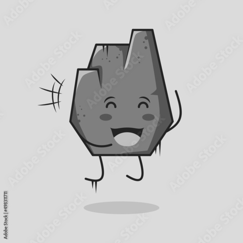 cute stone cartoon with smile and happy expression. jump, close eyes and mouth open suitable for emoticon, logo, icon, mascot, symbol and sign. grey