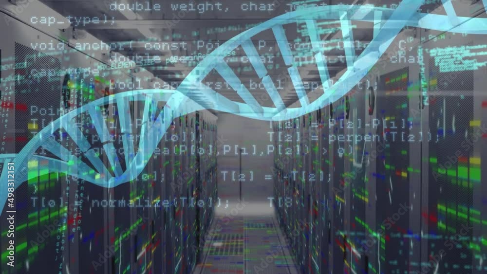 Animation of data processing and dna strand over server room Animation of data processing and dna strand over server room