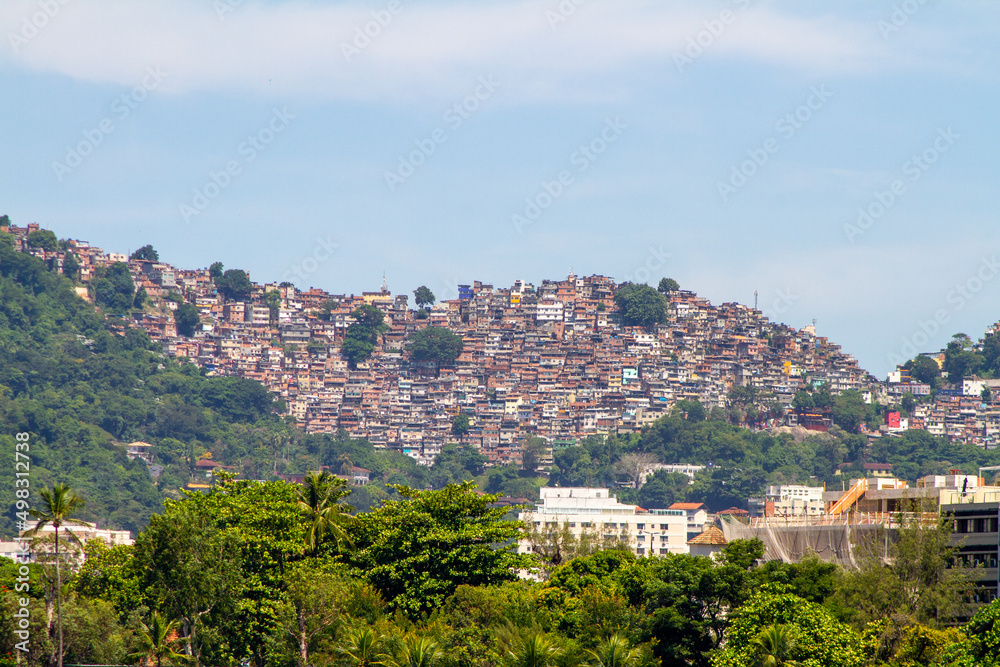 Rocinha favela seen from Rodrigo de Freitas Lagoon in Rio de Janeiro, Brazil.