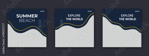 Set of three Travel agency social media post template design of summer beach, Adventure, travel. web banner, poster for summer beach travel agency. Digital advertising illustration, promotion Banner.	