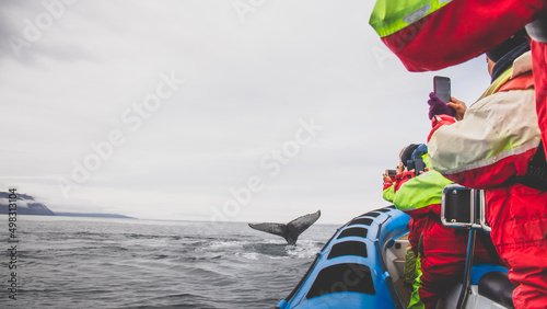 Tourists having fun at whale watching boat in Iceland
