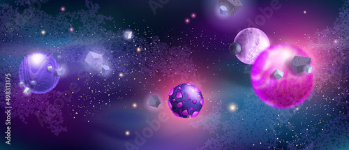 Space background, alien planets, stardust, cosmic rocks, vector galaxy universe cartoon game banner. Fantasy neon astronomy illustration, purple futuristic wallpaper, night sky. Space background