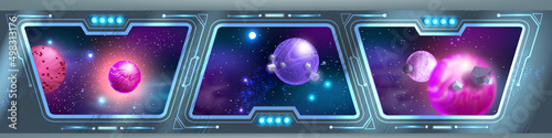 Space ship interior background, futuristic shuttle view, planets, spaceship station panoramic window. Sci-fi game rocket room concept, stars neon blue sky, galaxy universe illustration. Spaceship hall