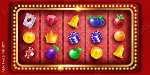 Casino slot machine game vector background, retro Vegas gambling frame, gold crown, chips icon. Online entertainment gamble screen, light bulb, classic fruit badge. Slot game red vintage border