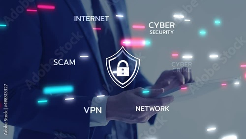 Secure payment online digital wallet, mobile wallet safety, business man with mobile phone VPN virtual private network internet cyber security cyber crime protection.