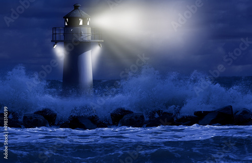 In the dark, the little lighthouse rises upright from the turbulent sea. For centuries, lighthouses have guided seafarers past deadly reefs and cliffs in lashing storms.